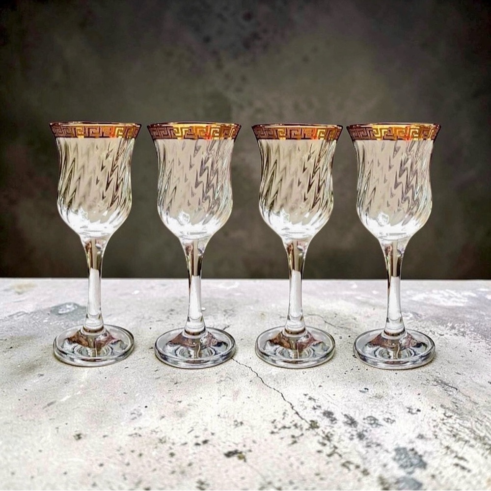 Vintage Murano Hand Blown Wine Glasses, Optic Swirl, 24k Gold Greek Key Rim